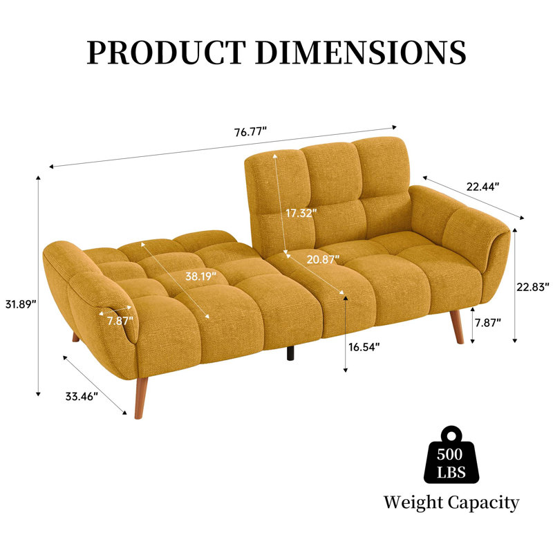 Modern 76.7 in. Flared Arm Linen Rectangle Convertible Sofa, Yellow Linen