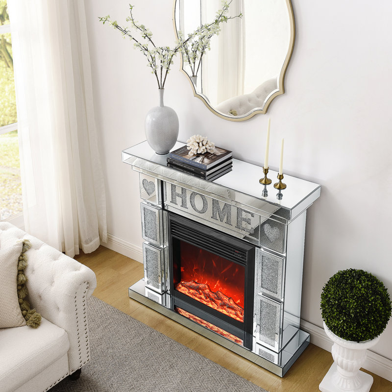Meuble télé innovant avec miroir en diamant et acrylique avec foyer, alliant style, fonctionnalité et chaleur pour votre maison