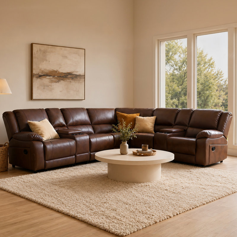 109"Modern Contemporary Faux Leather Sectional Couchwith Storage & Cup Holder, Reddish Brown Faux Leather