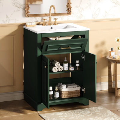 Meuble-lavabo de 24 pouces avec lavabo en céramique intégré, armoire à 2 portes, 1 tiroir basculant, espace, look moderne, 2 portes à fonctionnement doux, espace pour petits et moyens, style contemporain, quincaillerie,