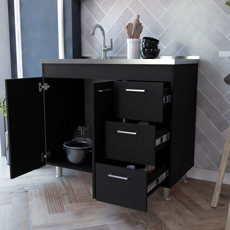 Armoire de cuisine noire à 2 portes et 3 portes - Vaste espace de rangement pour casseroles et poêles avec 3 tiroirs et 2 portes polyvalentes