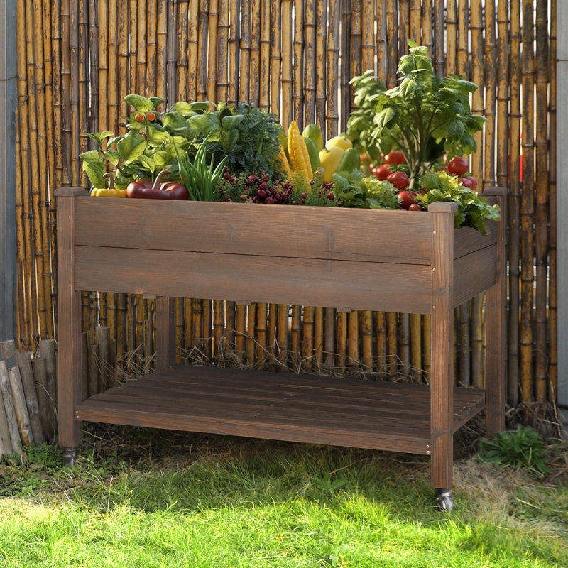 Rosan Wood Outdoor Elevated Planter with Wheels, Rustic Brown