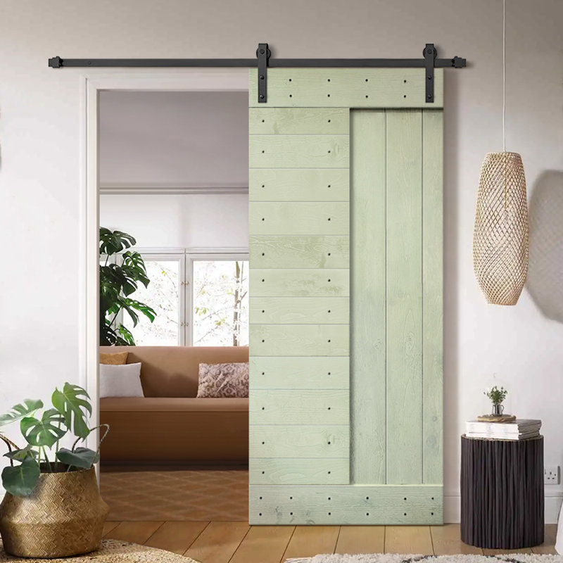 Porte de grange à panneaux et en bois avec quincaillerie d'installation, 42 po x 84 po, Vert sauge