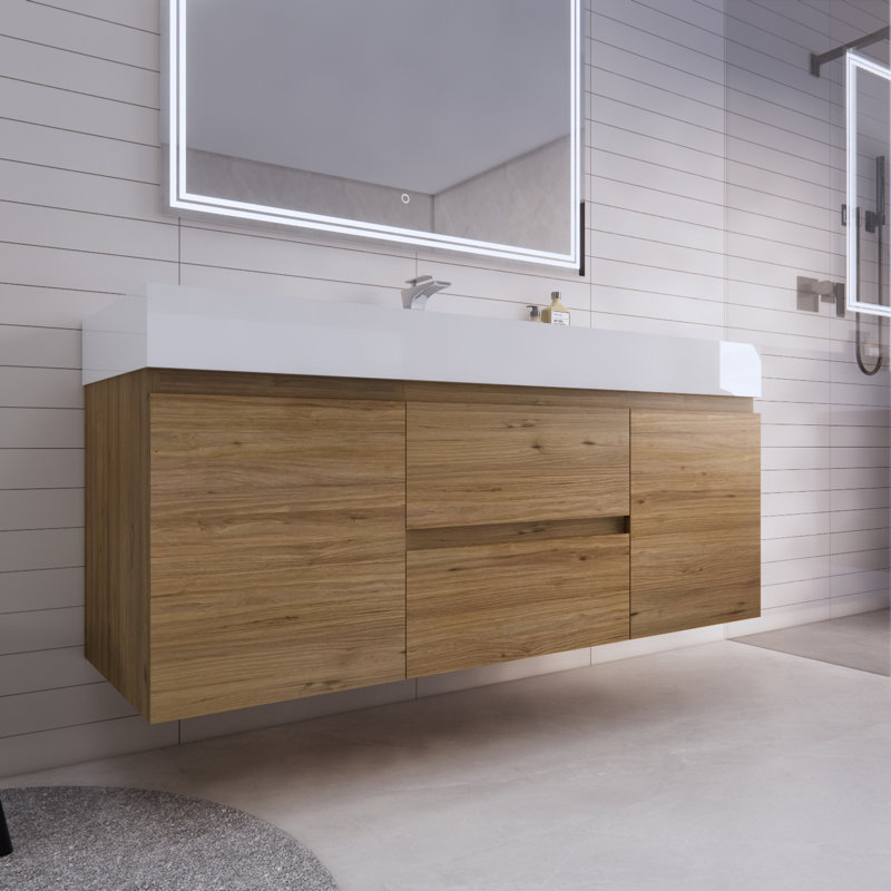 Ensemble de meuble-lavabo mural simple 59 po Babajide, Chêne naturel