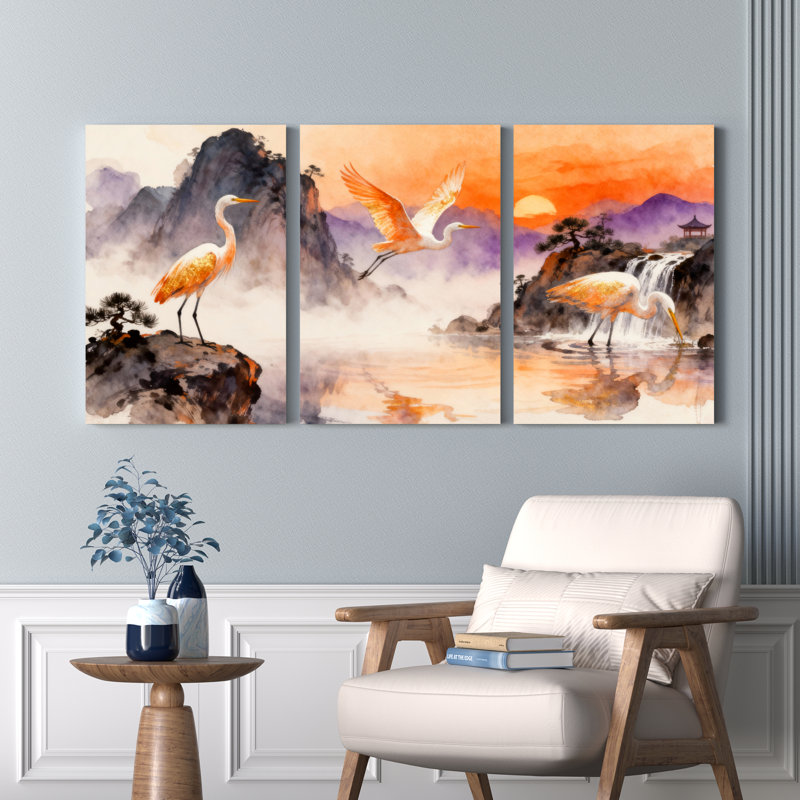 Ensemble de 3 tableaux sur toile représentant un paysage chinois avec une grue et une montagne, H 36 po x l 72 po