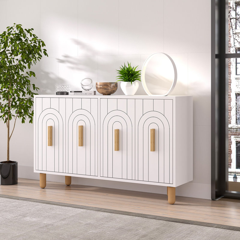 Console moderne blanche de 47,2 po x 29,0 po x 11,6 po | 100% panneau de particules enduit de mélamine, épaisseur: 0,7 pouce | Conception géométrique élégante, parfaite pour le vestibule, le salon et le bureau personnel, durable et élégante