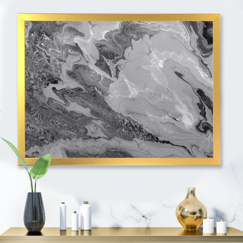Gris ondulé liquide - peinture sur toile, H 12 po x l 20 po x P 1 po, Cadre doré