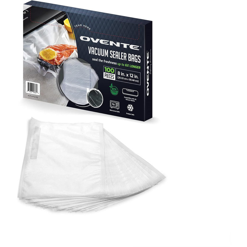 OVENTE Precut Vacuum Sealer Bags, 8” x 12” Heavy Duty Food Saver, BPA-Free for Airtight Storage, Meal Prep, Sous Vide, Microwave and Freezer Safe, Works with all Sealer Machine ACPSVPQ100
