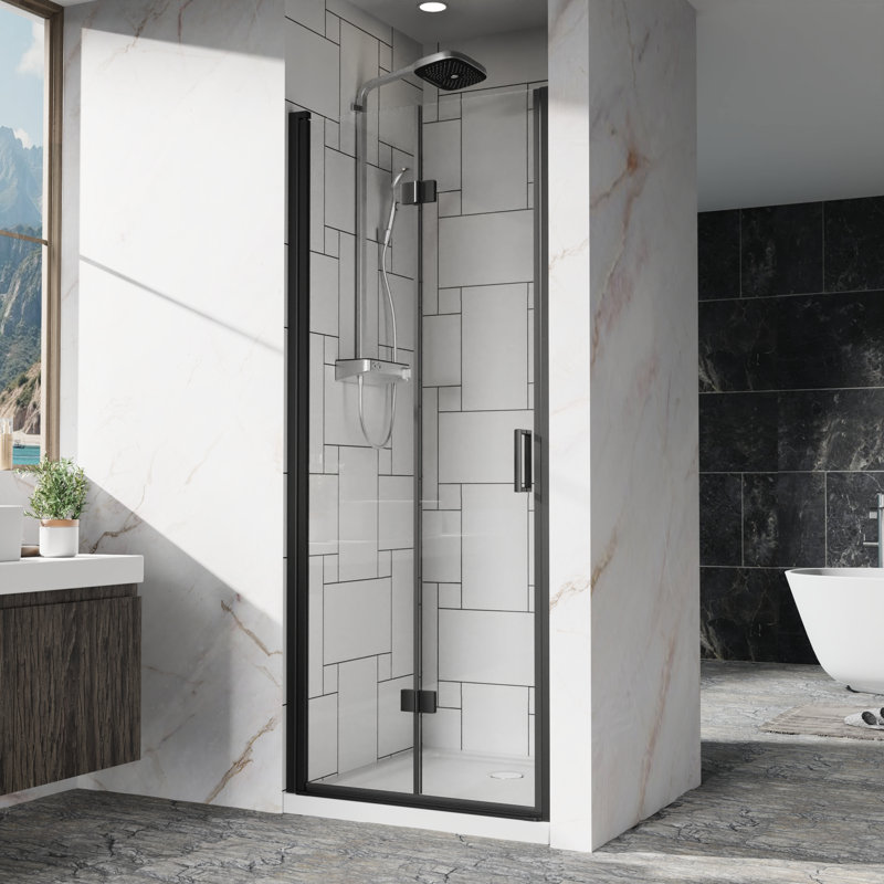 32" - 33.2" Adjustable Width Pivot Glass Shower Door, 6Mm Tempered Clear Glass, Black Finish, Reversible Installation, 180 Internally/Externally Pivot, Bi Folding Hinges, Water Leakage Prevention