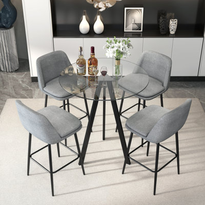 Modern 31.5'' Glass Round Bar Table with Stools Set, High Top Pub Table & 360° Swivel Linen Bar Stool