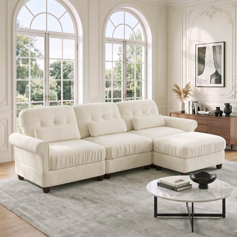 Canapé d'angle modulaire 3 places en chenille de 250 cm avec pouf et 3 coussins lombaires, Beige, 3