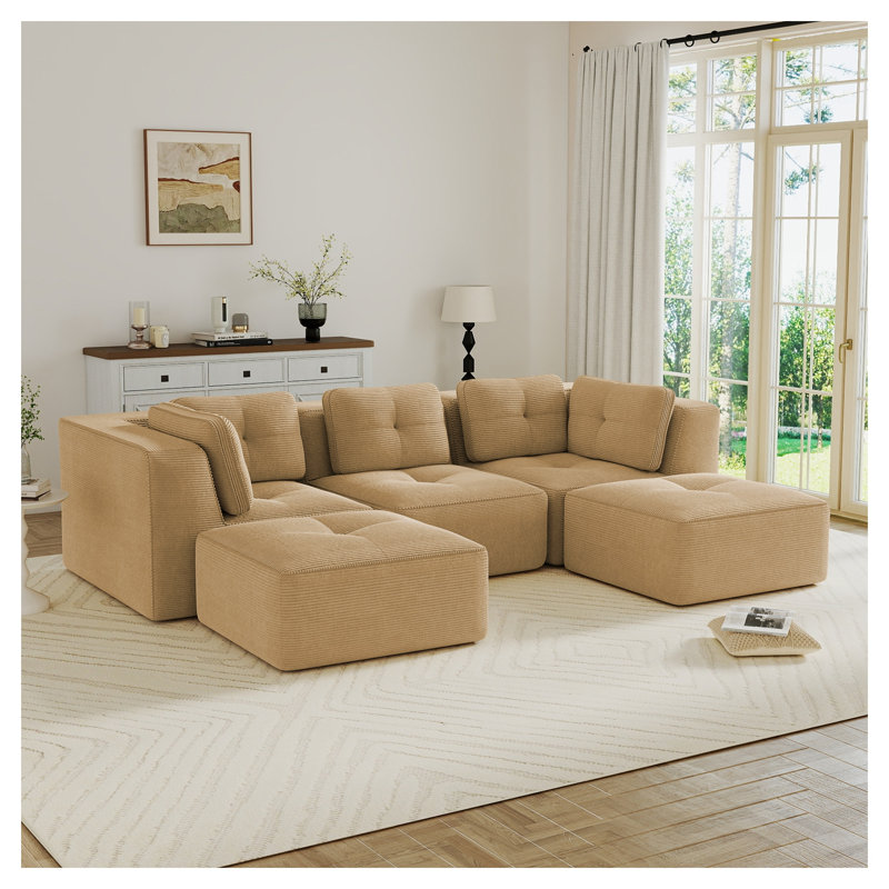 Canapé modulaire en U en velours côtelé Camel, Velours côtelé brun clair, H 27,1 po x l 116,9 po x P 40,9 po