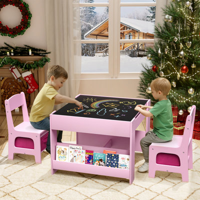 Kids Table And Chairs Set, 4 In 1 Toddler Art Desk With Storage Drawer, Wooden Activity Deskboard, Blackboard, Reversible & Detachable Tabletop, Books by Zoomie Kids