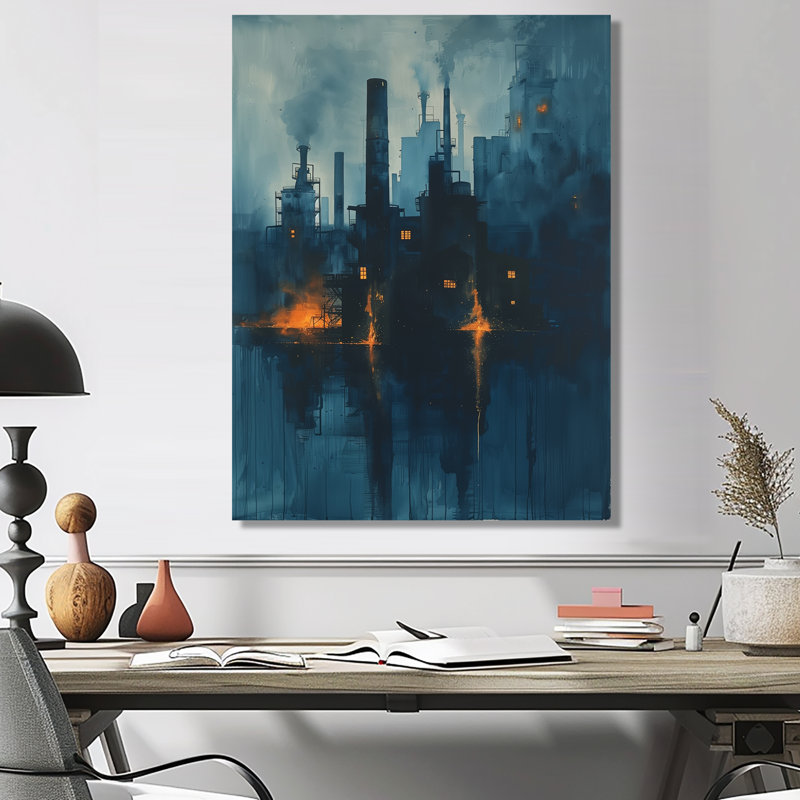 Impression d'art mural jaune et bleu de l'usine Metropolis I - usines, Métal métal, H 44 po x l 34 po x P 1,5 po