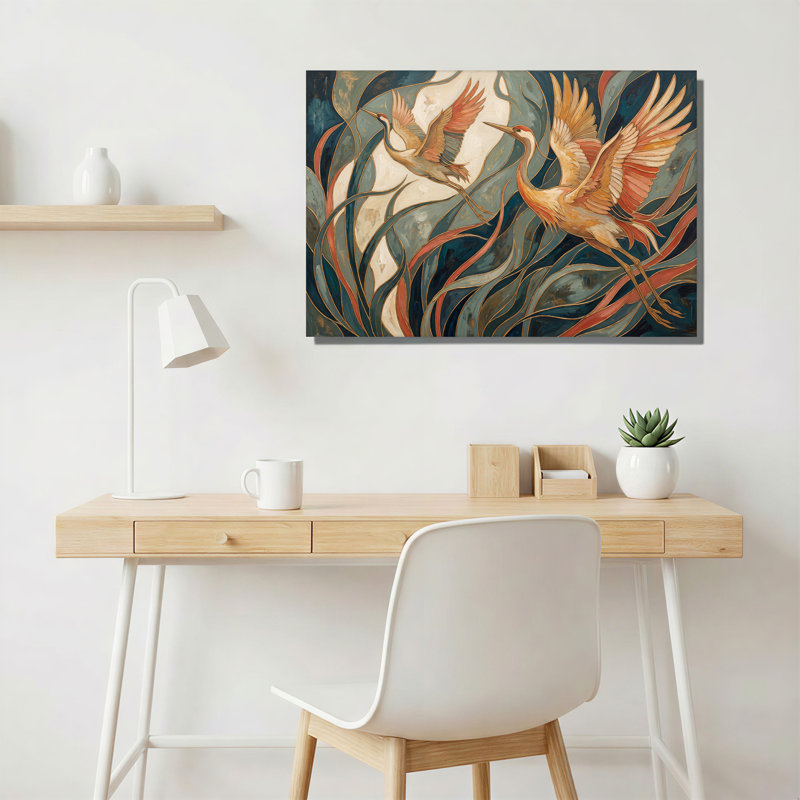 Deux grues en vol parmi des roseaux turquoise et rouille, tableau sur toile, H 24 po x l 36 po