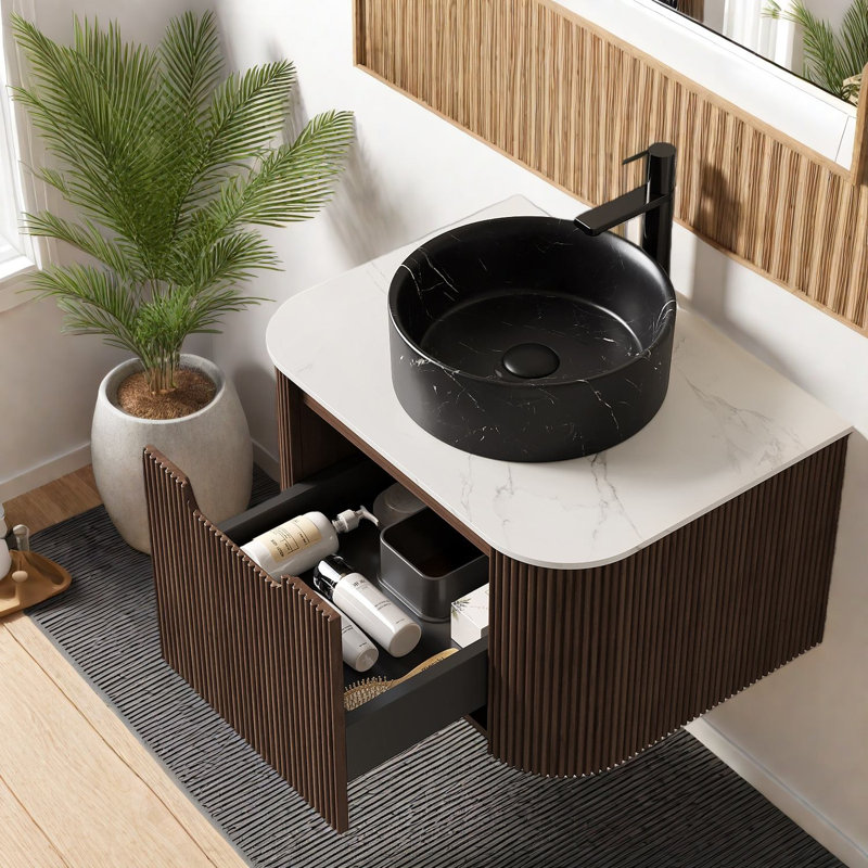 Meuble-lavabo et lavabo flottant Modern, finition noyer, conception compacte