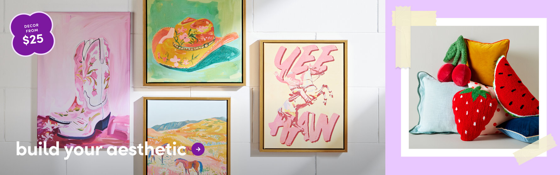 Western-themed wall art featuring cowboy boots and hat paintings with Yee Haw artwork, paired with colorful fruit-shaped throw pillows on lavender background - build your aesthetic