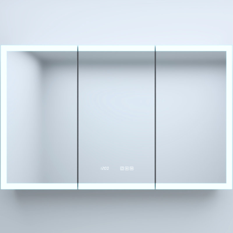 48 po Armoire à pharmacie rectangulaire en aluminium argenté l 30 po x H 30 po avec miroir, horloge, tablettes réglables, charnières silencieuses, affichage automatique de l'heure / température, lumières à intensité variable, - fonction de brouillard, automatique