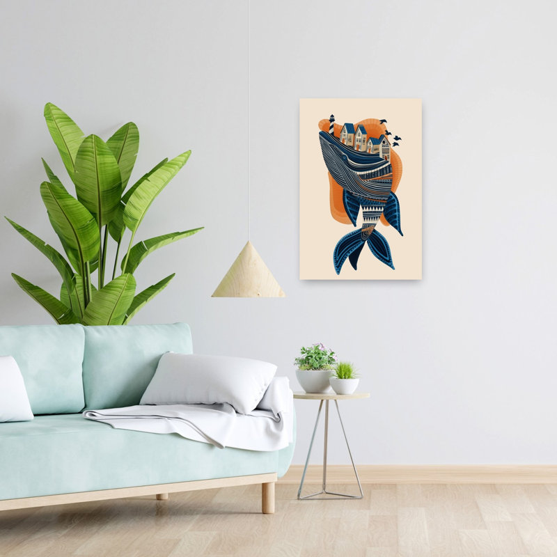Baleine, village, rêve, géométrique abstrait, oiseau serein, baleine, océan côtier, art mural, H 24 po x l 16 po