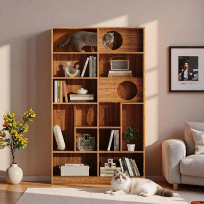 Modern 2 In 1 Wood Bookshelf Cat House With Open Shelves, Cat Houses And Pass-through Cat Holes