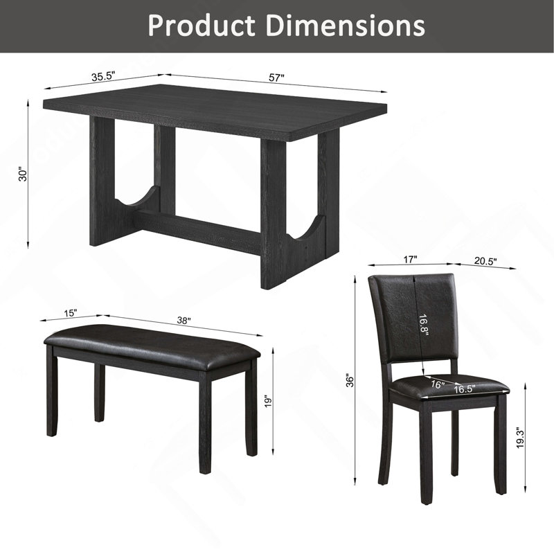 Ensemble de salle à manger 6 pièces avec banc, table de cuisine de style ferme moderne avec chaises et banc en similicuir, ensemble de salle à manger rectangulaire en bois avec piètement en forme de U, similicuir noir antique et brun foncé