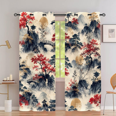 2Pcs Japanese Classic Landscape Sun Blocking Print Grommet Blackout Curtains, Elegant Oriental Scenery Pattern, Thermal Insulated Heat Blocking, Noise Reducing & Privacy Protection, Room Darkening Stylish Home Decor for Bedroom, Living Room, Kitchen