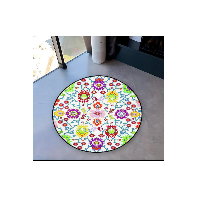 Multicolored Floral Motif Patterned Round Woven Base Vintage Decorative Living Room, Round 3'4"