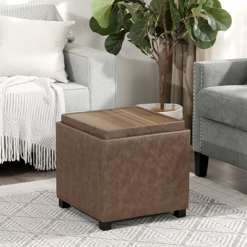 Repose-pieds carré avec rangement en similicuir avec plateau réversible, Marron clair