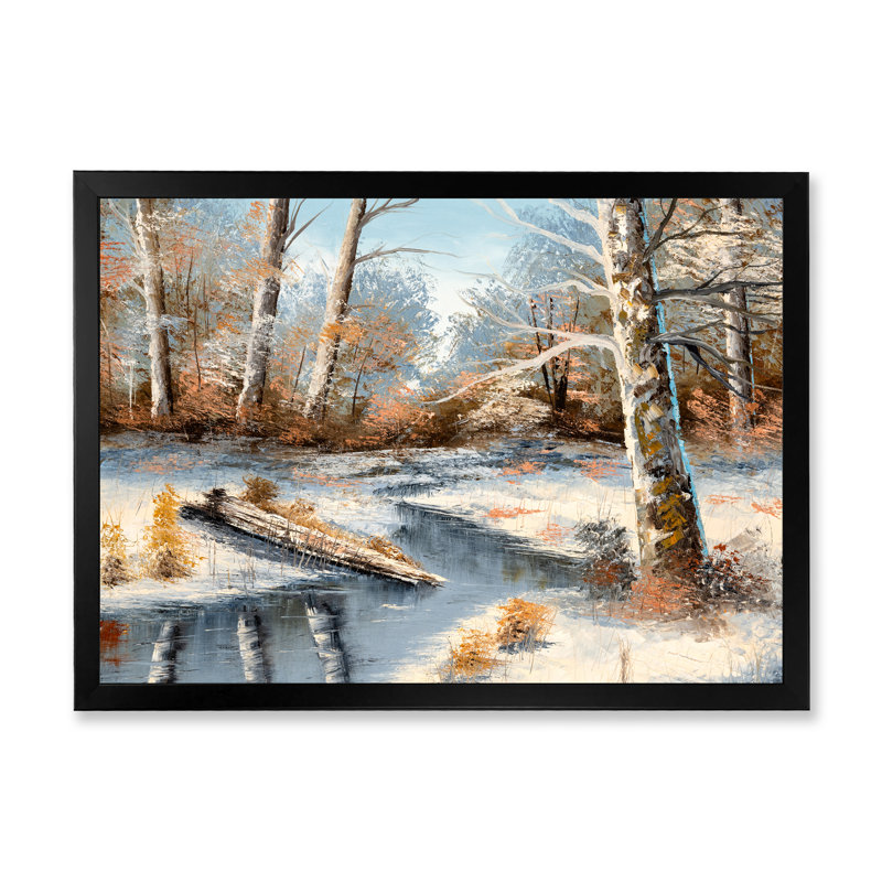 «Little River in Wintertime Forest», reproduction sur toile, H 8 po x l 12 po x P 1 po, Cadre noir