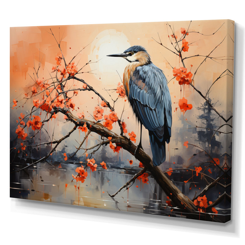 Coral Grey Heron Solitude Pointillism I - Animals Wall Art Prints, Toile tendue, H 30 po x l 40 po x P 1,5 po