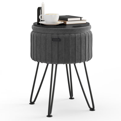 Round Pleated Velvet Ottoman with Storage