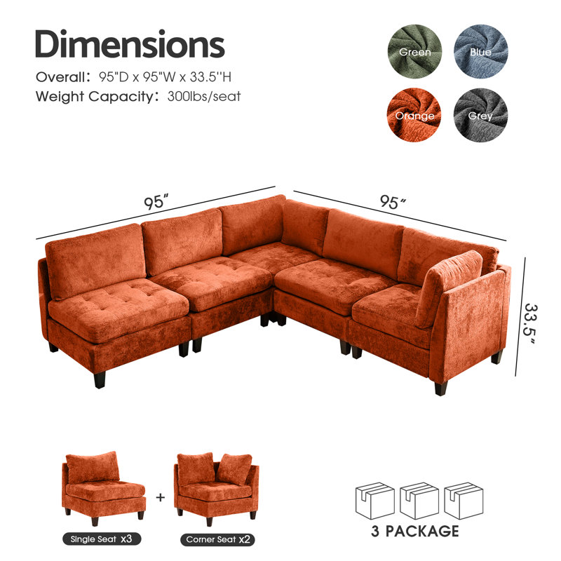 Canapé-lit modulaire avec repose-pieds Chenille, H 33,5 po x l 158 po x P 32,3 po, Chenille orange