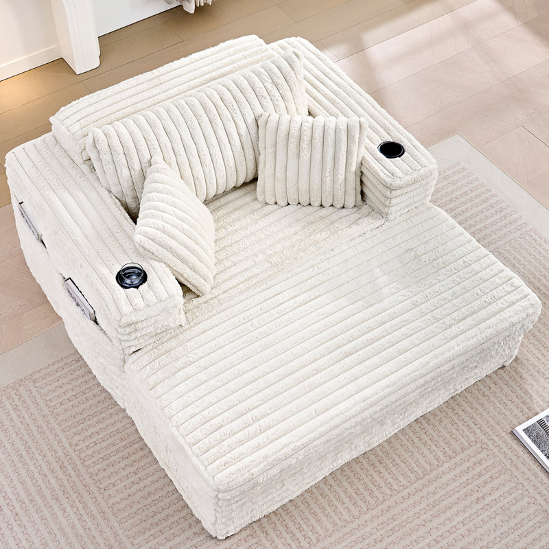 Canapé 63 po en velours côtelé 63 po avec porte-gobelets et coussins, 330 lb, Beige