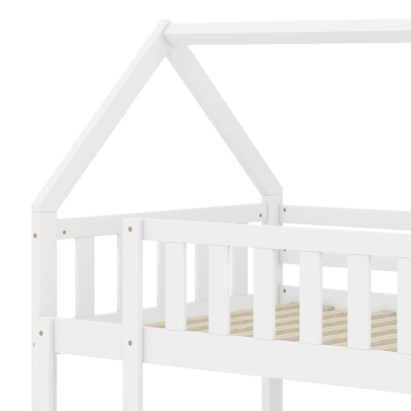 Twin Over Twin House Bunk Bed With Fence, White