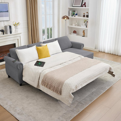 Pull-Out L-Shaped Sleeper Sofa with Storage Chaise, Wireless Charging, and USB Ports