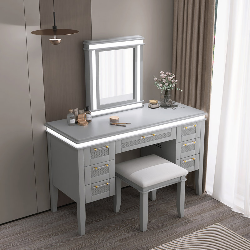 Coiffeuse de maquillage moderne moderne 48 "avec miroir et lumières et tabouret rembourré, Bleu grisâtre