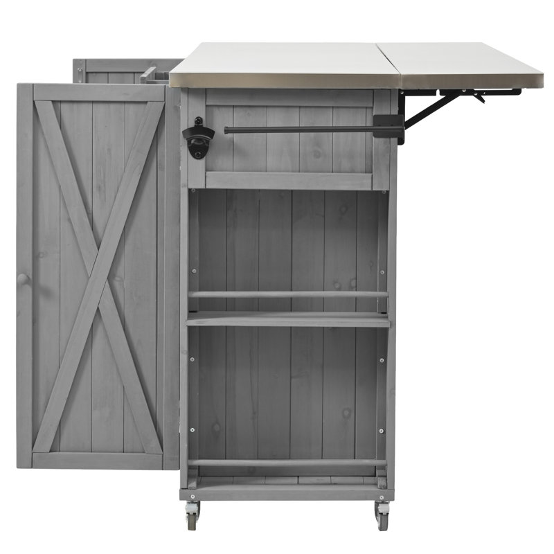 Chariot-bar extérieur en bois massif avec îlot de cuisine, Gris