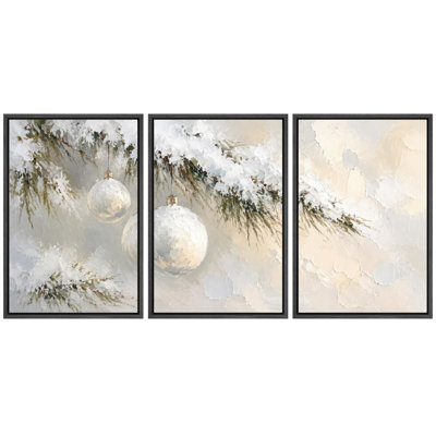 Winter Evergreen Branch Christmas Ornament Artwork, Living Room Pictures, Framed Canvas Giclee Print 3 Pieces Wall Art