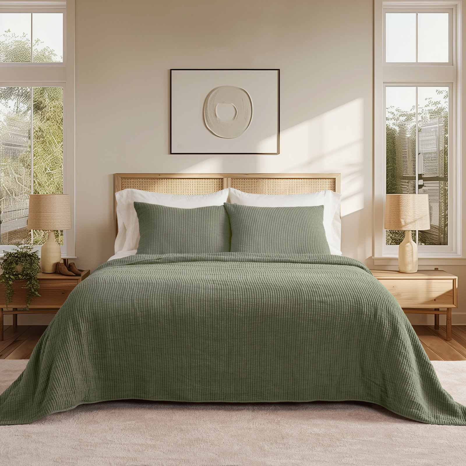 Ribbed Cotton Coverlet Set, King Quilt + 2 King Shams, Olive Green