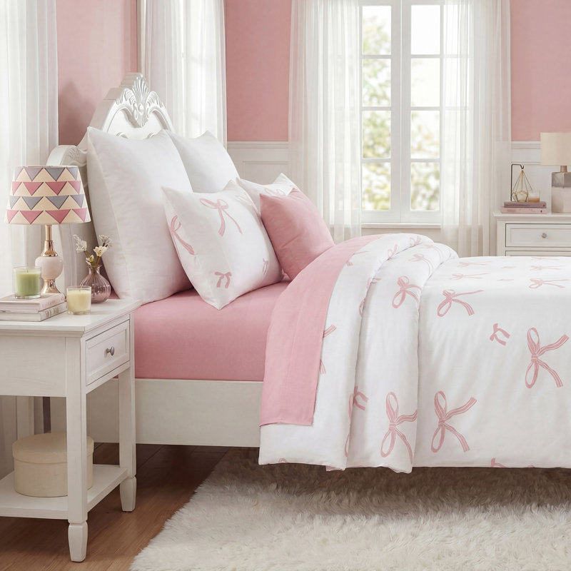 Ensemble de housse de couette 100% coton avec fermeture à glissière et 8 attaches d'angle, housse de couette rose grand arc