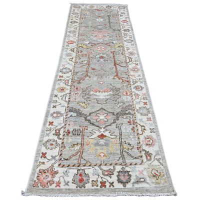 3'x9'8" Coin Gray, Afghan Angora Oushak with Floral Motifs, Hand Knotted, Veggie Dyes, Pure Wool, Runner, Oriental Rug