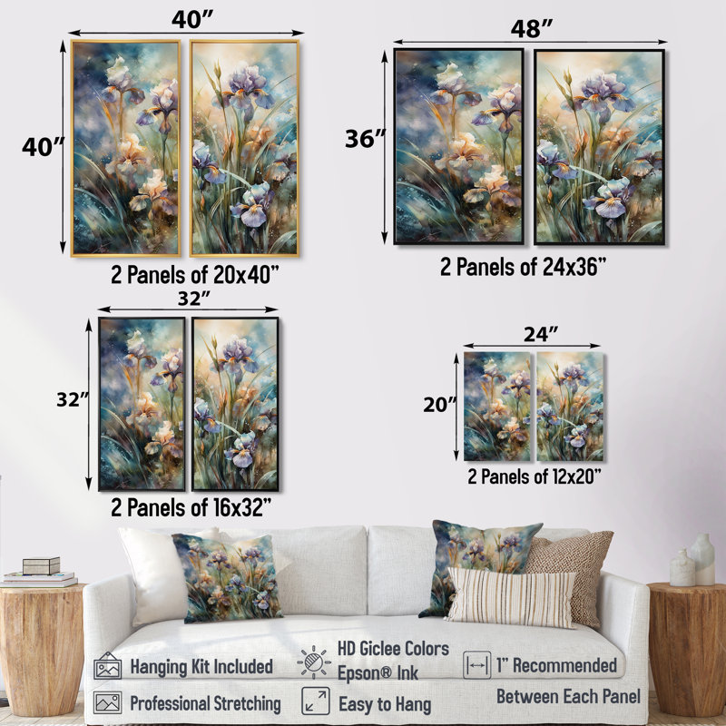 Mauve, vert, iris sauvage I - art mural traditionnel sur toile, H 32 po x l 32 po, Impression encadrée flottante, Noir