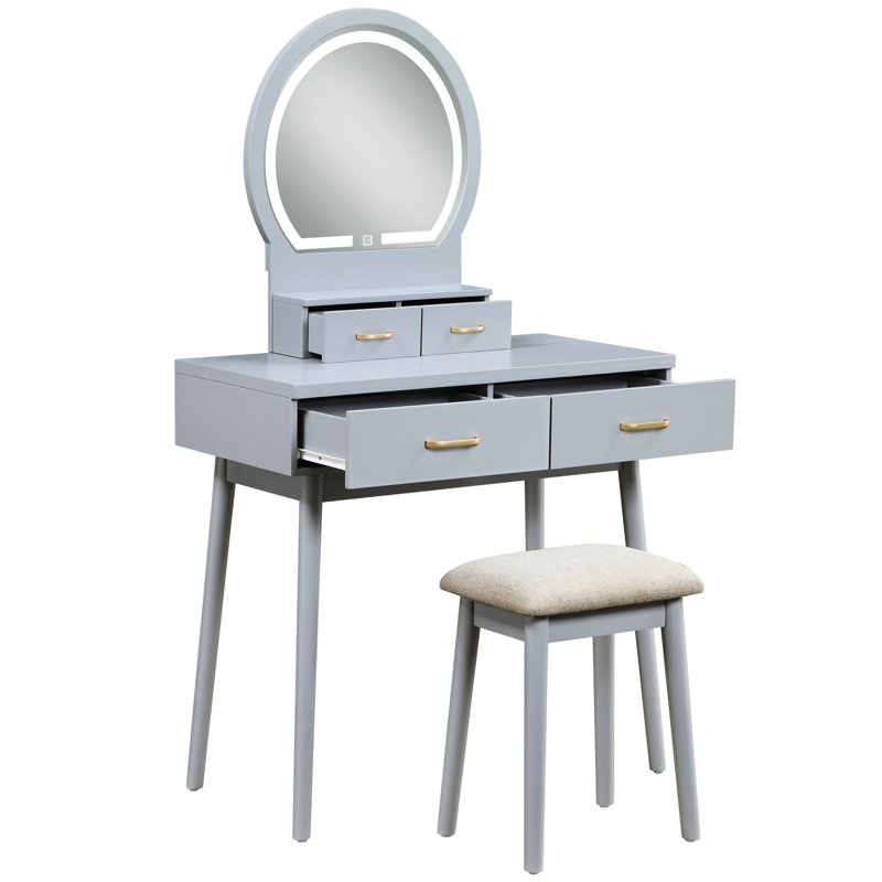 Luxury Vanity With Gray Finish, Led Lighted Mirror Smart Touch Sensor, 4 Drawers Storage And Padded Stool For Bedroom Finish Mirror, Decorative Upgrade