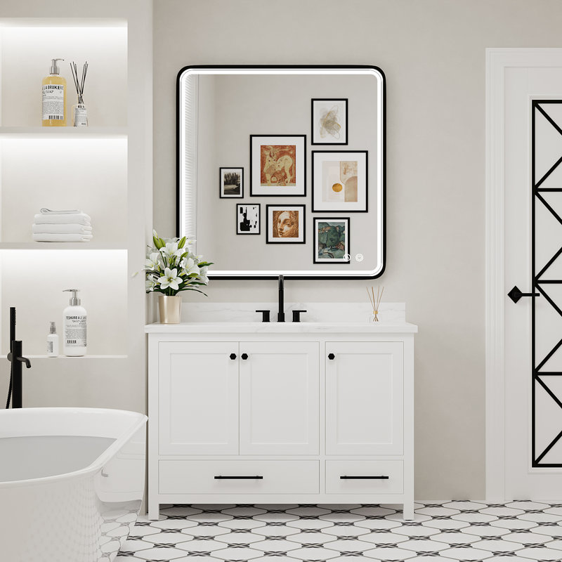 Miroir de salle de bain avec cadre en aluminium et éclairage à DEL, 32 po x 32 po, Noir