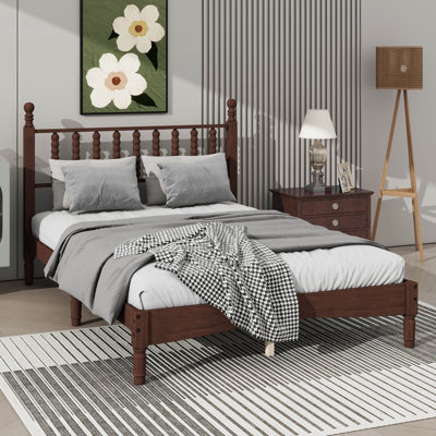 Lit plateforme double en bois avec tête de lit de style gourde