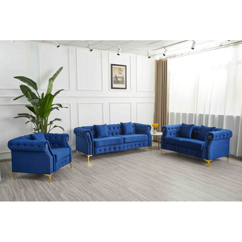  Ensemble de salon rembourré 3 pièces avec pieds en métal, Bleu