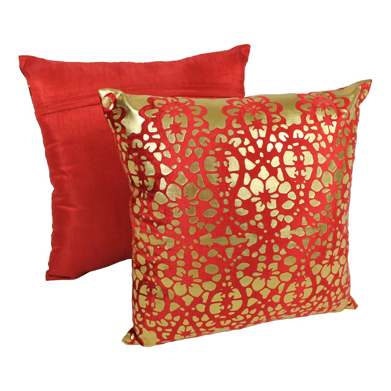 Appliqued Cotton Blend Throw Pillow, Crimson / Gold