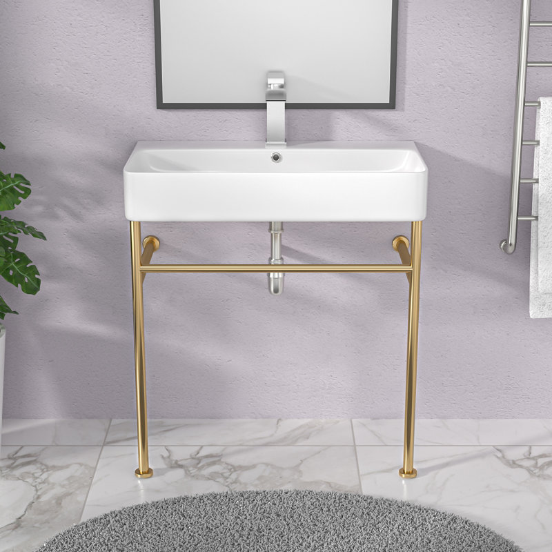 Lavabo de salle de bain console rectangulaire en céramique à trou simple 32 po x l 17 po avec trop-plein, Blanc / or