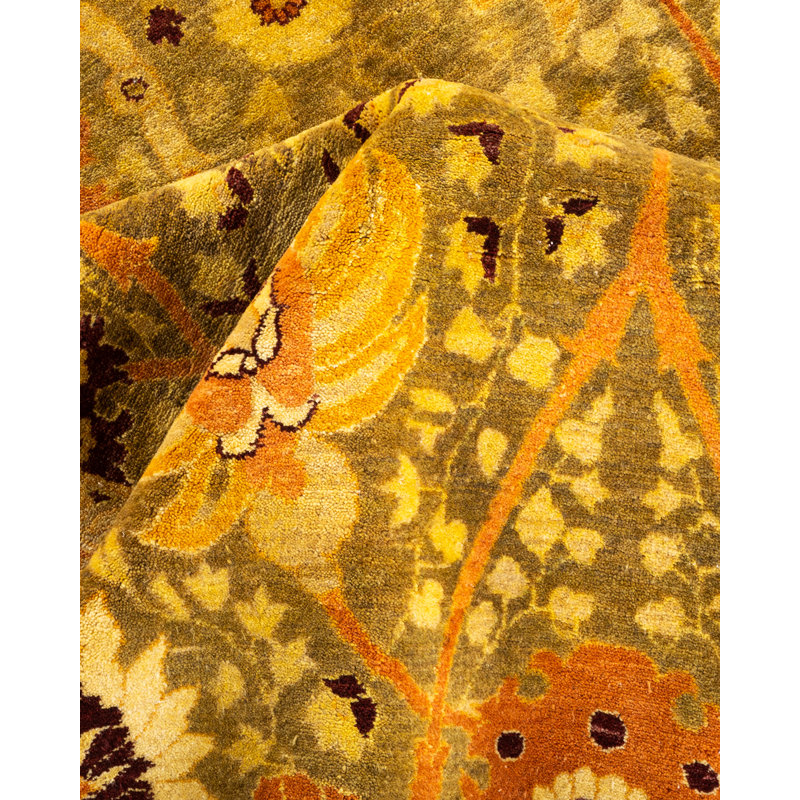 Tapis jaune / vert / ivoire noué à la main Trennen Mogul 6 pi 3 po x 9 pi 2 po