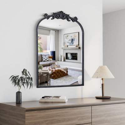 36"×24" Vintage Baroque Black Metal Frame Arch Wall Mounted Mirror For Living Room&Bedroom